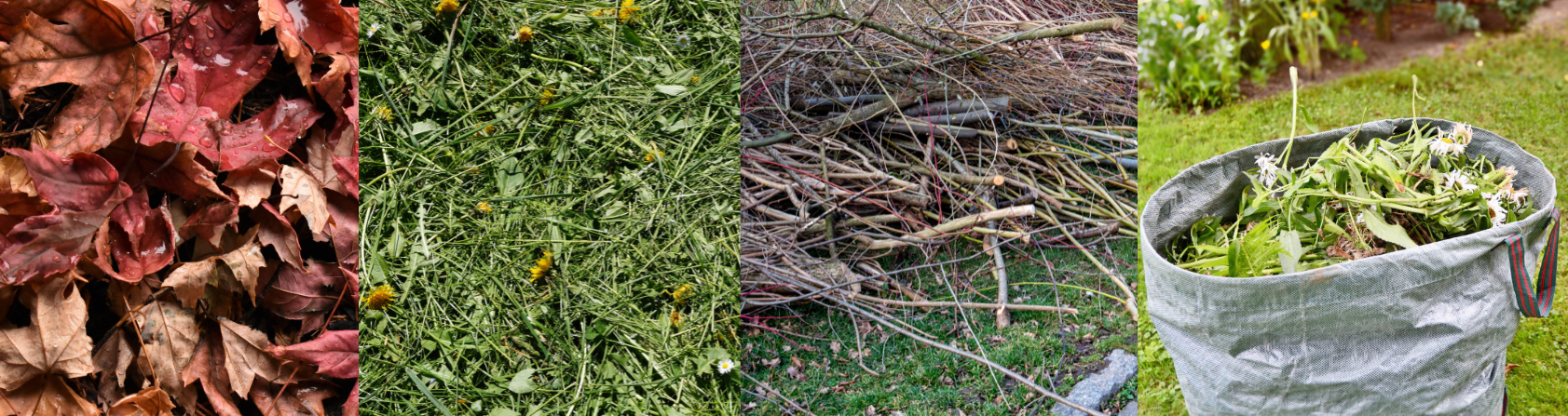Row of pics shows dried leaves, grass clippings, a pile of small diameter brush, and a bag of weeds, all types of yard waste