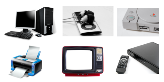 Images show a PCU and monitor, an MP3 player, a video game system, a printer, a TV and a DVD player