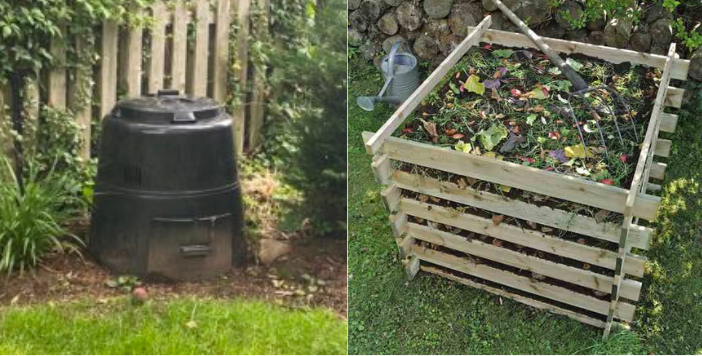 On the left is a black dome shaped composter. On the right is a cube shaped wooden open bin.
